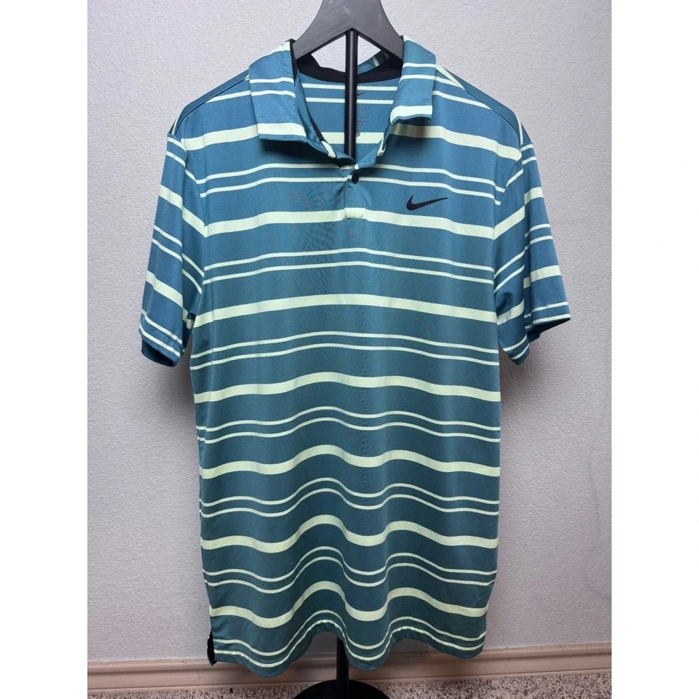 Nike Dri-FIT Mens Golf Polo Shirt Blue Green Striped Large Active Outdoor